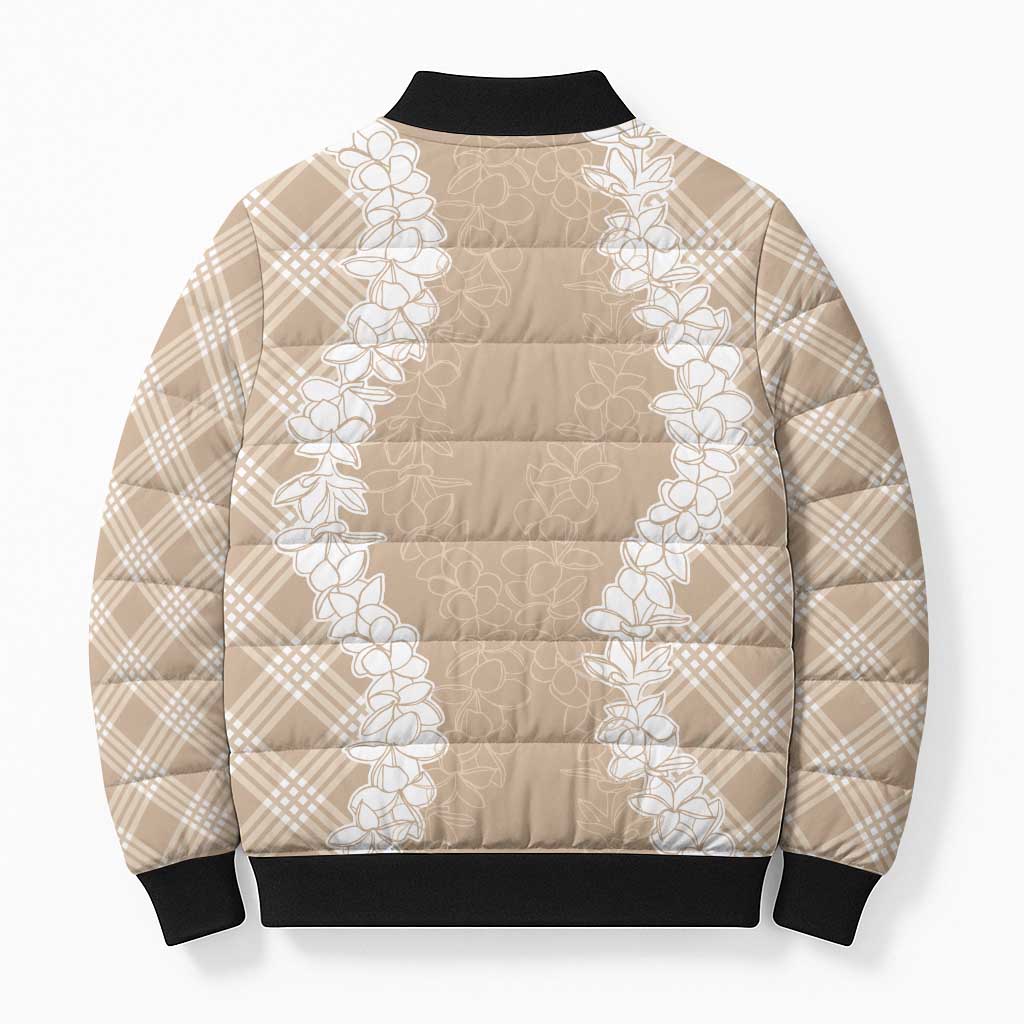 Hawaii Aloha Plumeria Lei Beige Palaka Bomber Puffer Jacket - Polynesian Pride