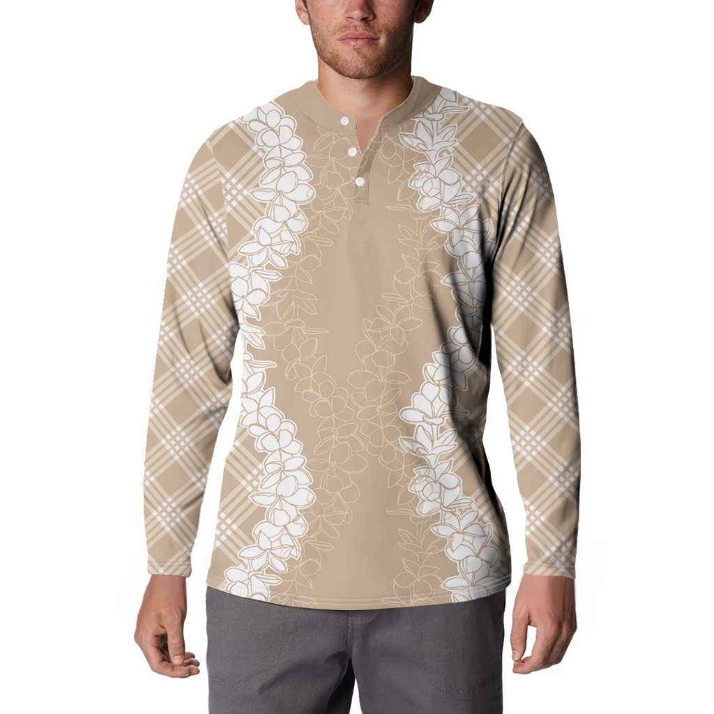 Hawaii Aloha Plumeria Lei Beige Palaka Button Sweatshirt LT7 - Polynesian Pride