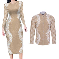 Hawaii Aloha Plumeria Lei Beige Palaka Couples Matching Long Sleeve Bodycon Dress and Long Sleeve Button Shirt - Polynesian Pride