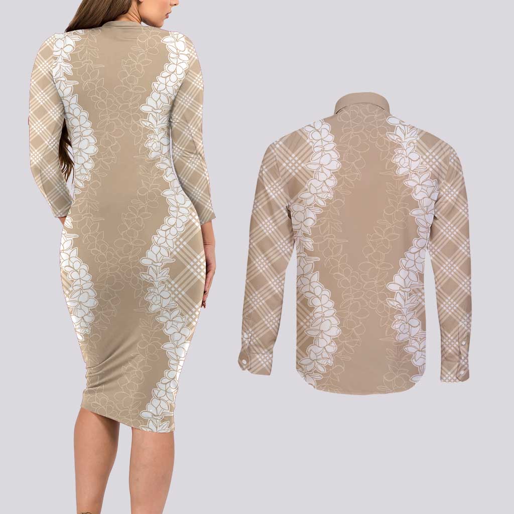 Hawaii Aloha Plumeria Lei Beige Palaka Couples Matching Long Sleeve Bodycon Dress and Long Sleeve Button Shirt - Polynesian Pride