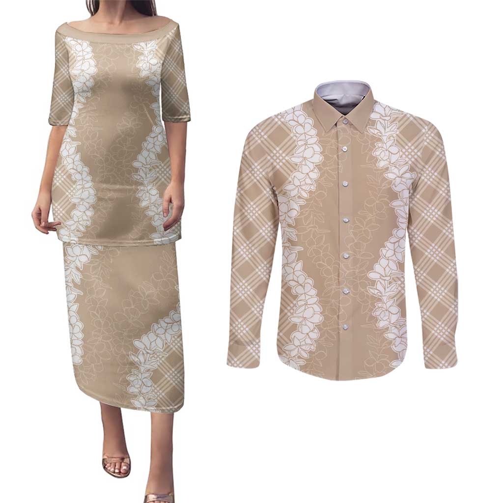 Hawaii Aloha Plumeria Lei Beige Palaka Couples Matching Puletasi and Long Sleeve Button Shirt LT7 Beige - Polynesian Pride