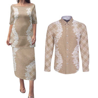 Hawaii Aloha Plumeria Lei Beige Palaka Couples Matching Puletasi and Long Sleeve Button Shirt LT7 Beige - Polynesian Pride