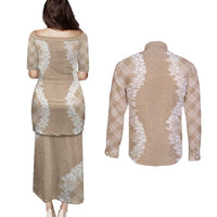 Hawaii Aloha Plumeria Lei Beige Palaka Couples Matching Puletasi and Long Sleeve Button Shirt LT7 - Polynesian Pride