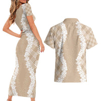 Hawaii Aloha Plumeria Lei Beige Palaka Couples Matching Short Sleeve Bodycon Dress and Hawaiian Shirt - Polynesian Pride