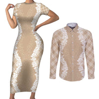 Hawaii Aloha Plumeria Lei Beige Palaka Couples Matching Short Sleeve Bodycon Dress and Long Sleeve Button Shirt - Polynesian Pride