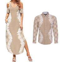 Hawaii Aloha Plumeria Lei Beige Palaka Couples Matching Summer Maxi Dress and Long Sleeve Button Shirt - Polynesian Pride
