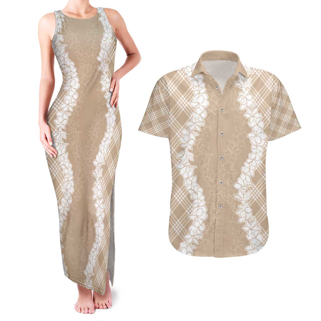 Hawaii Aloha Plumeria Lei Beige Palaka Couples Matching Tank Maxi Dress and Hawaiian Shirt - Polynesian Pride