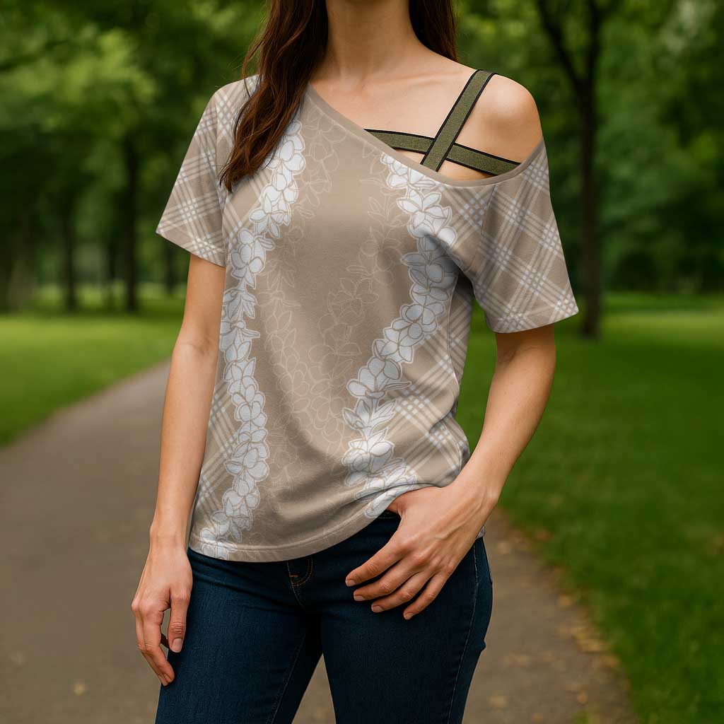 Hawaii Aloha Plumeria Lei Beige Palaka Cross Shoulder Shirt - Polynesian Pride