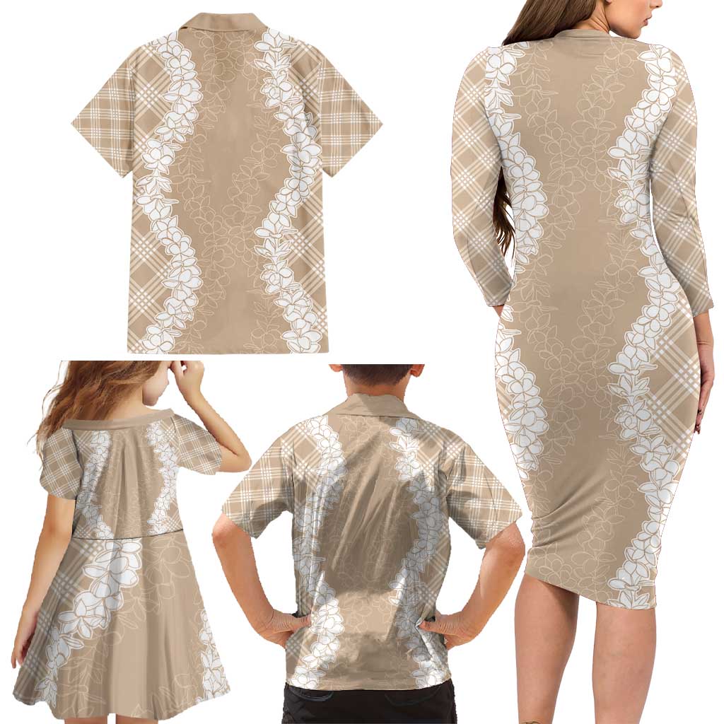 Hawaii Aloha Plumeria Lei Beige Palaka Family Matching Long Sleeve Bodycon Dress and Hawaiian Shirt - Polynesian Pride
