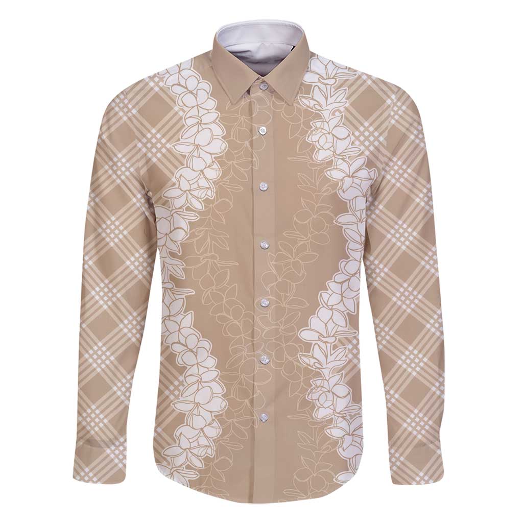 Hawaii Aloha Plumeria Lei Beige Palaka Family Matching Long Sleeve Bodycon Dress and Hawaiian Shirt - Polynesian Pride
