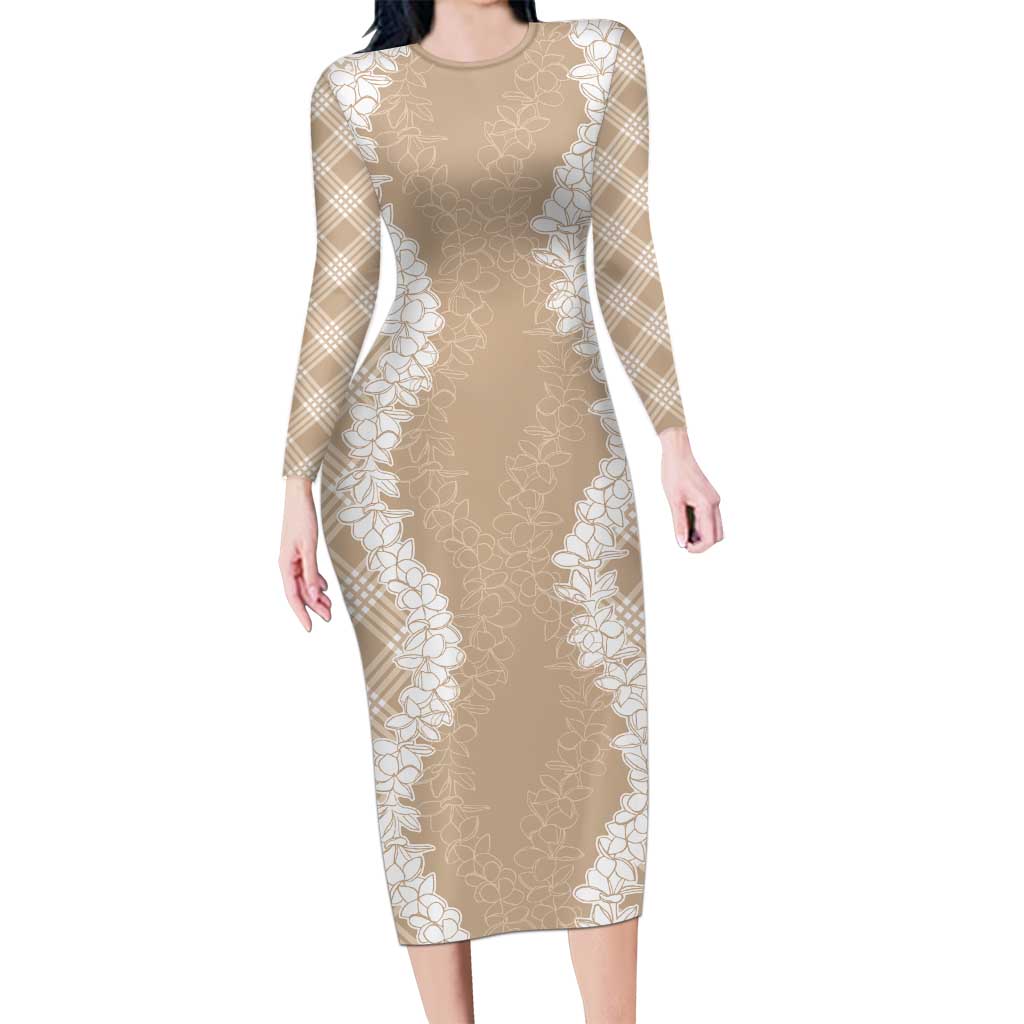 Hawaii Aloha Plumeria Lei Beige Palaka Family Matching Long Sleeve Bodycon Dress and Hawaiian Shirt - Polynesian Pride