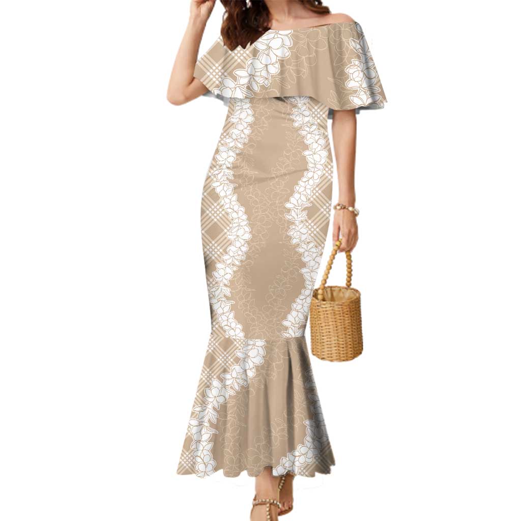 Hawaii Aloha Plumeria Lei Beige Palaka Family Matching Mermaid Dress and Hawaiian Shirt - Polynesian Pride