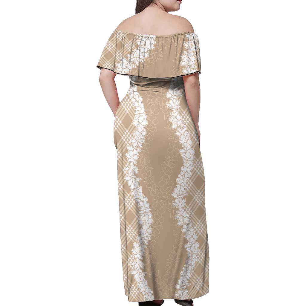 Hawaii Aloha Plumeria Lei Beige Palaka Family Matching Off Shoulder Maxi Dress and Hawaiian Shirt - Polynesian Pride