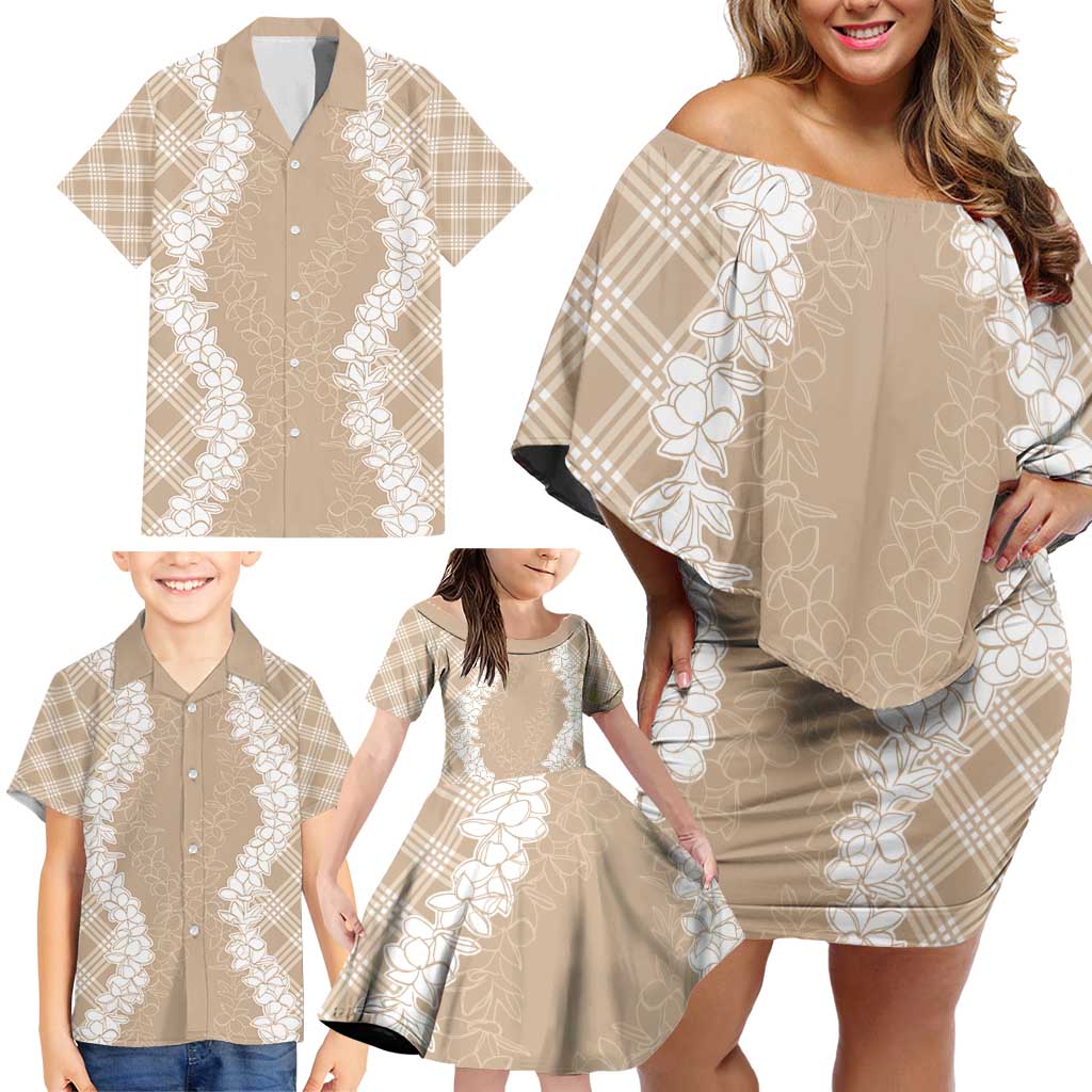 Hawaii Aloha Plumeria Lei Beige Palaka Family Matching Off Shoulder Short Dress and Hawaiian Shirt - Polynesian Pride