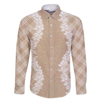 Hawaii Aloha Plumeria Lei Beige Palaka Family Matching Off Shoulder Short Dress and Hawaiian Shirt - Polynesian Pride