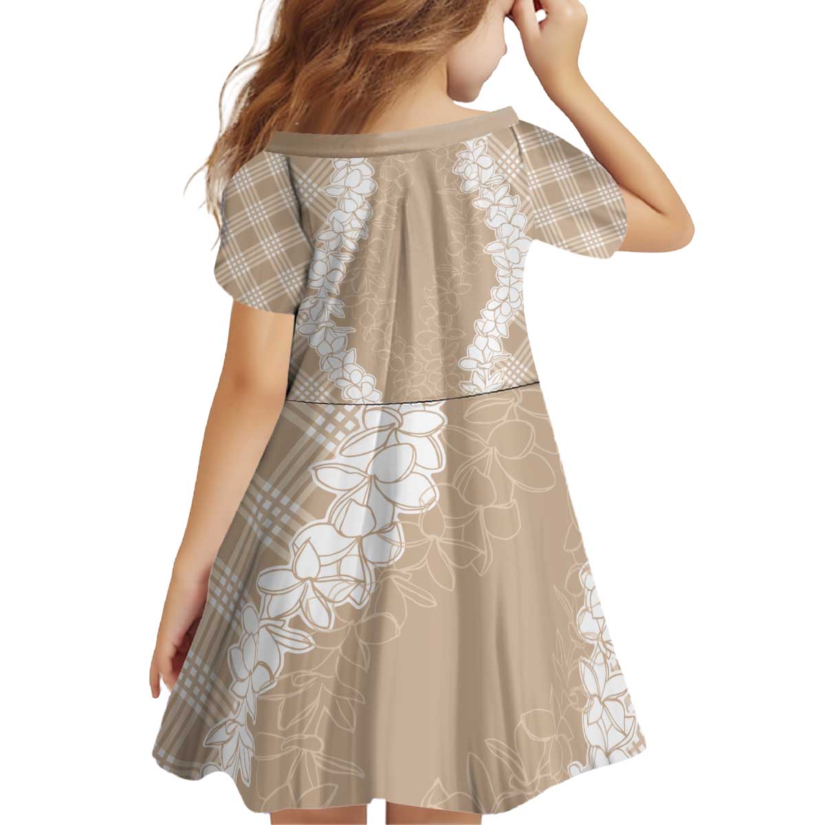Hawaii Aloha Plumeria Lei Beige Palaka Kid Short Sleeve Dress - Polynesian Pride
