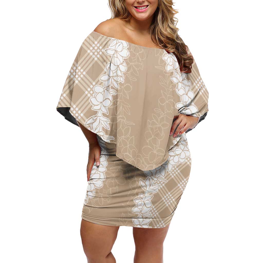 Hawaii Aloha Plumeria Lei Beige Palaka Off Shoulder Short Dress - Polynesian Pride
