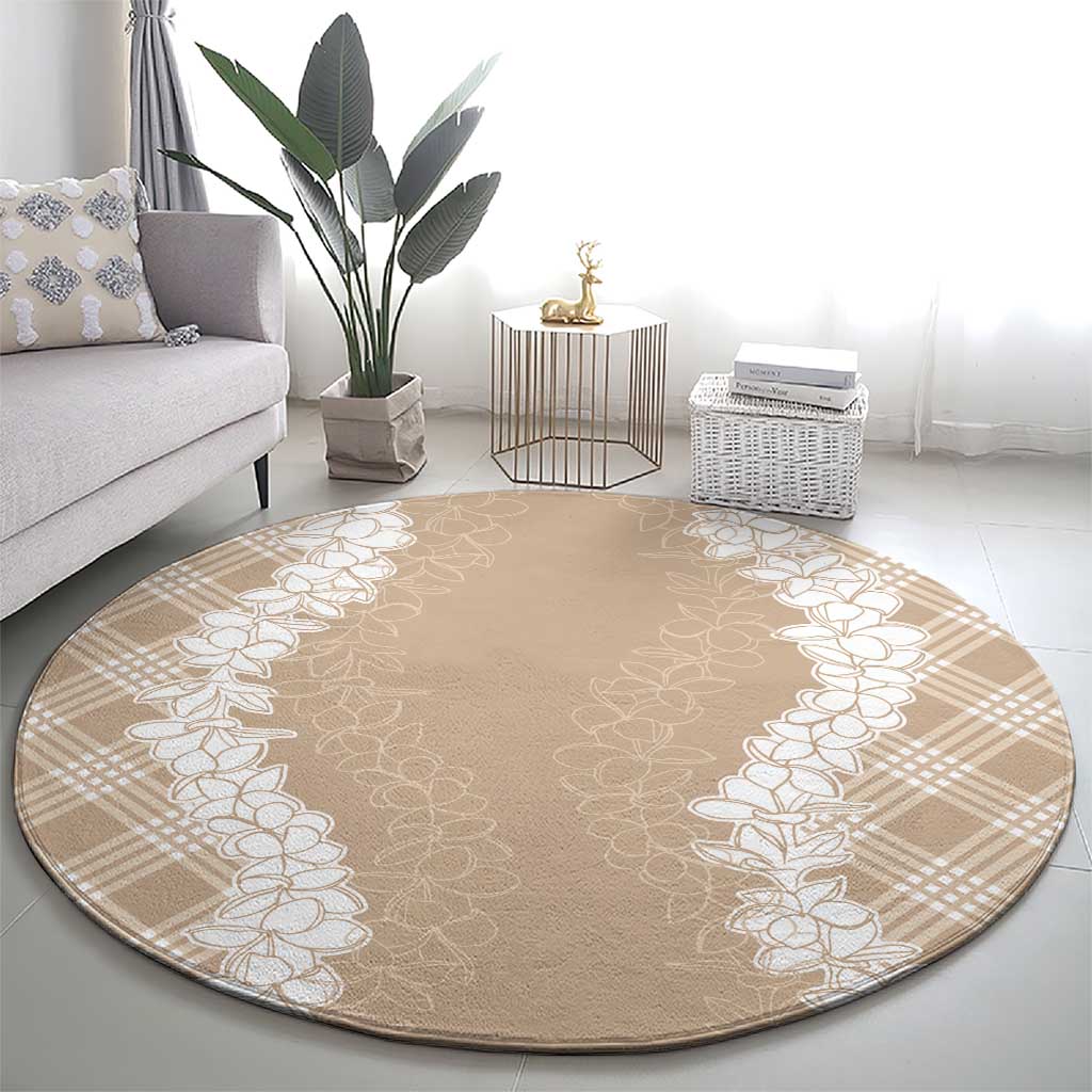 Hawaii Aloha Plumeria Lei Beige Palaka Round Carpet - Polynesian Pride