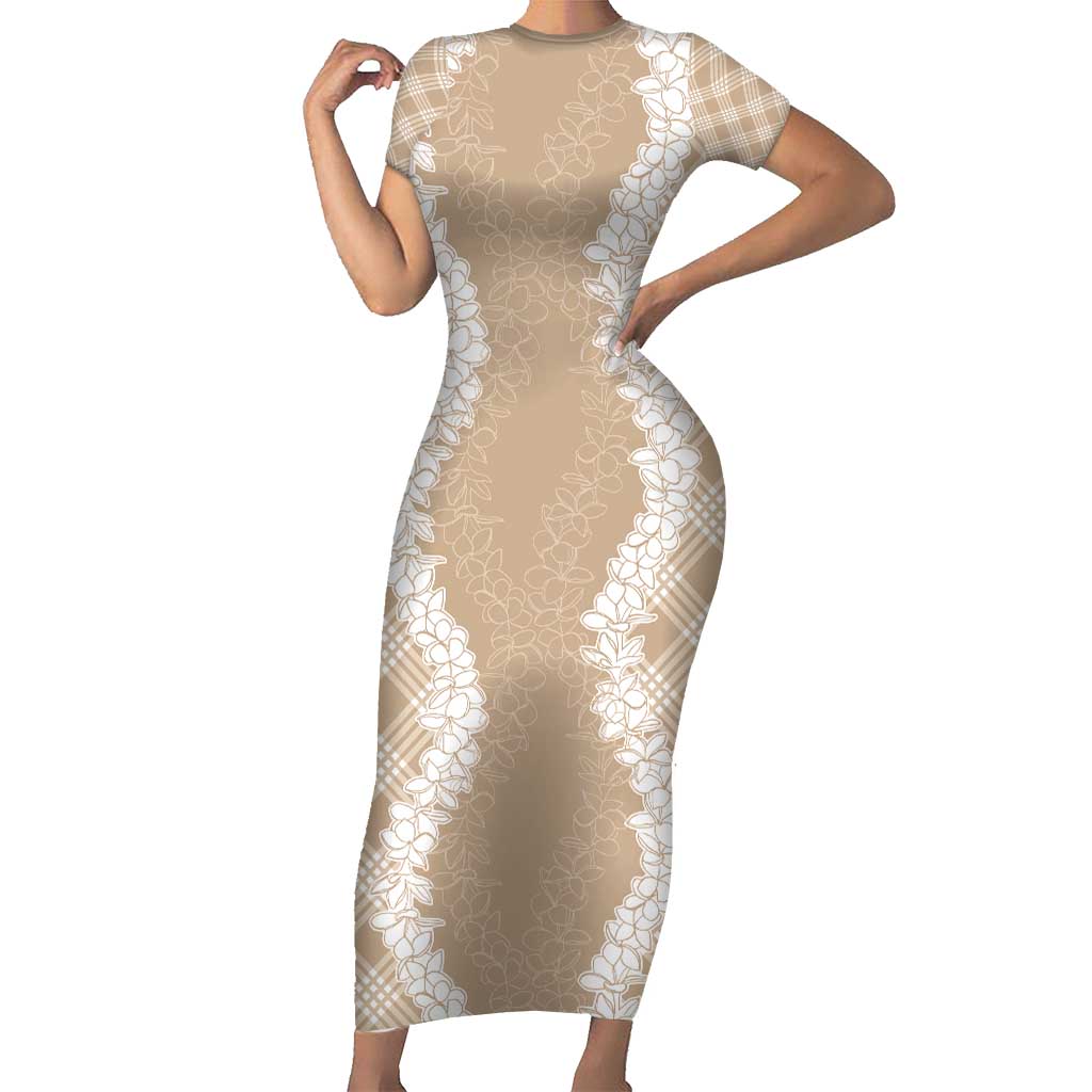 Hawaii Aloha Plumeria Lei Beige Palaka Short Sleeve Bodycon Dress - Polynesian Pride