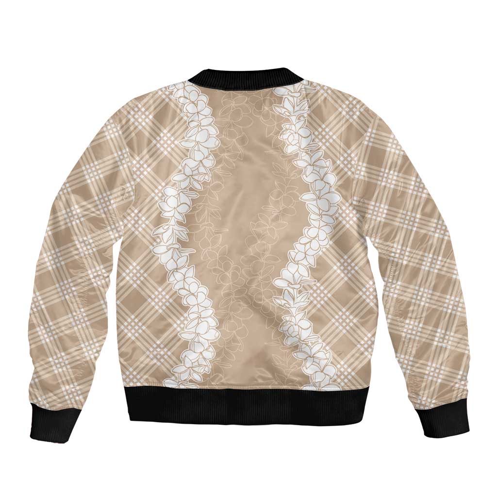 Hawaii Aloha Plumeria Lei Beige Palaka Sleeve Zip Bomber Jacket - Polynesian Pride