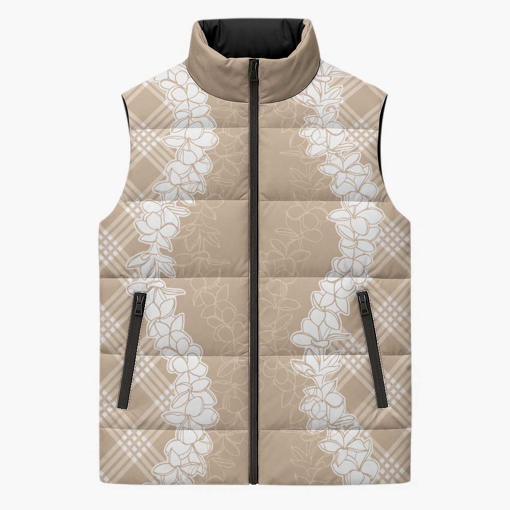 Hawaii Aloha Plumeria Lei Beige Palaka Sleeveless Puffer Jacket - Polynesian Pride