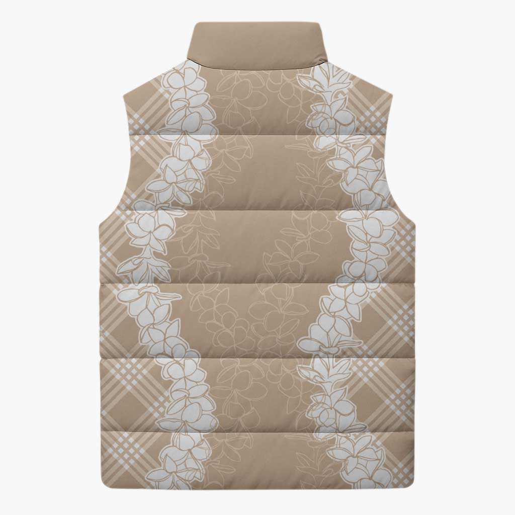 Hawaii Aloha Plumeria Lei Beige Palaka Sleeveless Puffer Jacket - Polynesian Pride