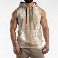 Hawaii Aloha Plumeria Lei Beige Palaka Sleeveless Zip Hoodie - Polynesian Pride