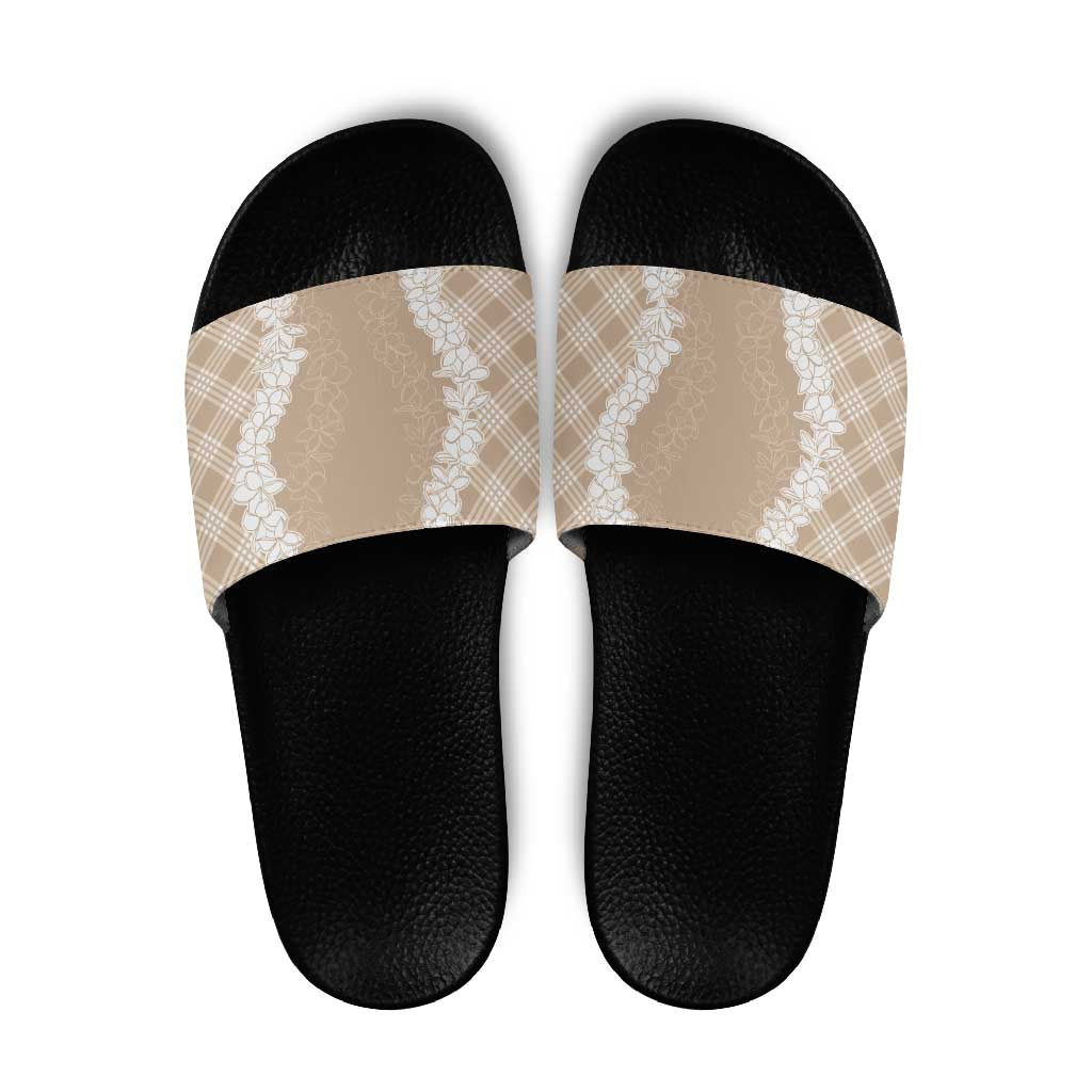 Hawaii Aloha Plumeria Lei Beige Palaka Slide Sandals - Polynesian Pride