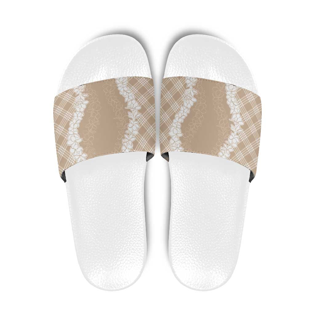 Hawaii Aloha Plumeria Lei Beige Palaka Slide Sandals - Polynesian Pride