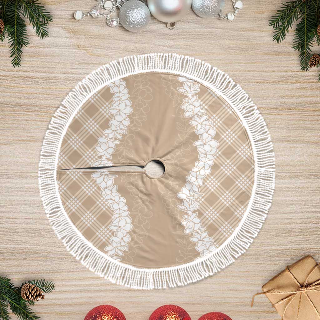 Hawaii Aloha Plumeria Lei Beige Palaka Tree Skirt LT7 Fringed Beige - Polynesian Pride