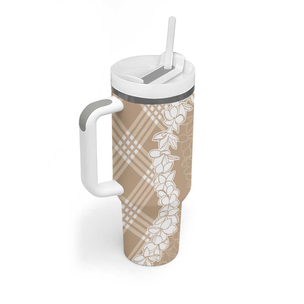 Hawaii Aloha Plumeria Lei Beige Palaka Tumbler With Handle - Polynesian Pride