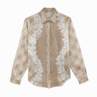 Hawaii Aloha Plumeria Lei Beige Palaka Women Casual Shirt - Polynesian Pride