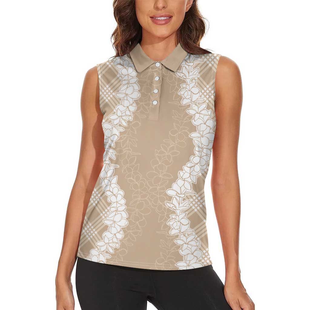 Hawaii Aloha Plumeria Lei Beige Palaka Women Sleeveless Polo Shirt - Polynesian Pride