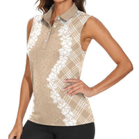 Hawaii Aloha Plumeria Lei Beige Palaka Women Sleeveless Polo Shirt - Polynesian Pride