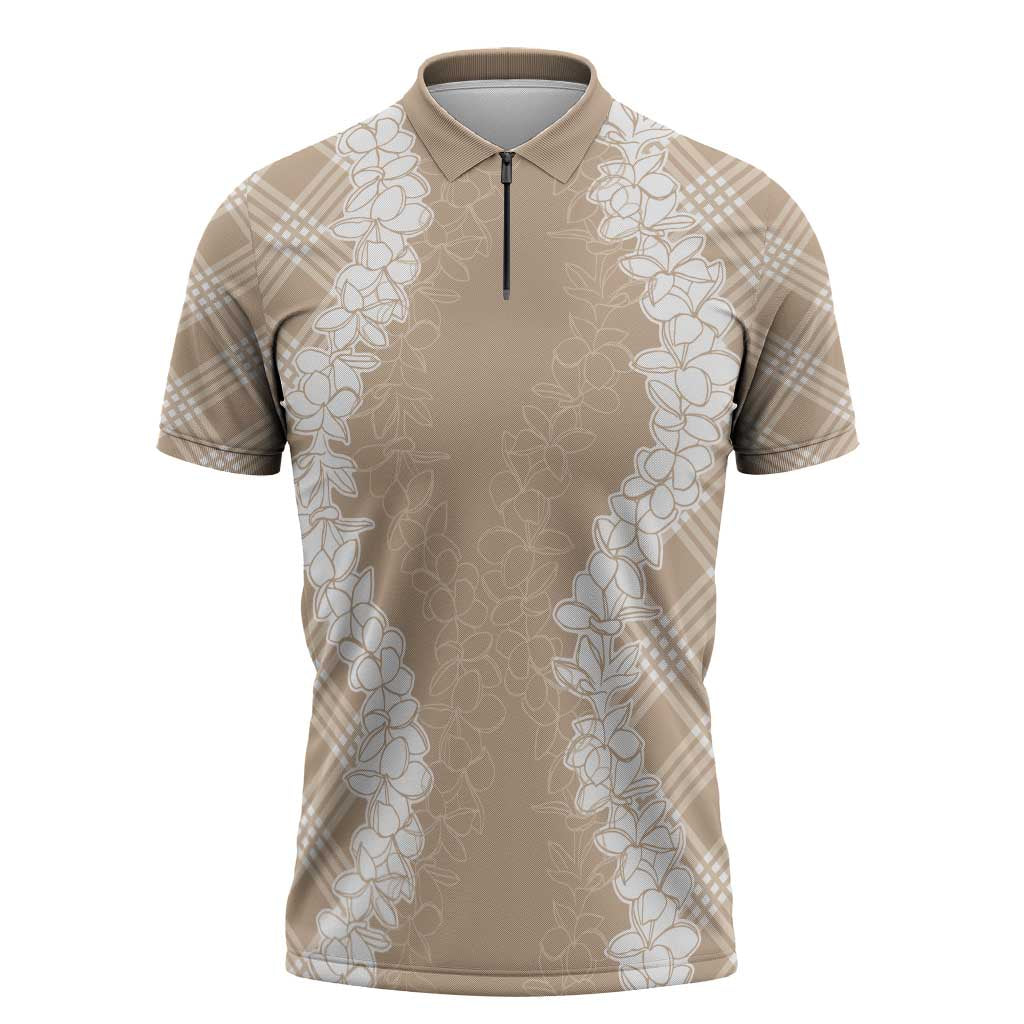 Hawaii Aloha Plumeria Lei Beige Palaka Zipper Polo Shirt LT7 Beige - Polynesian Pride
