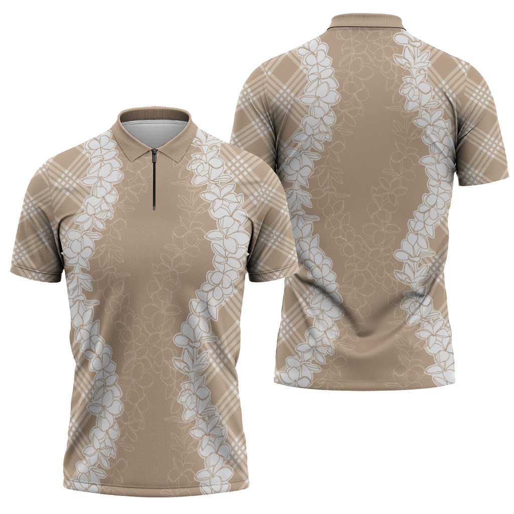 Hawaii Aloha Plumeria Lei Beige Palaka Zipper Polo Shirt LT7 - Polynesian Pride