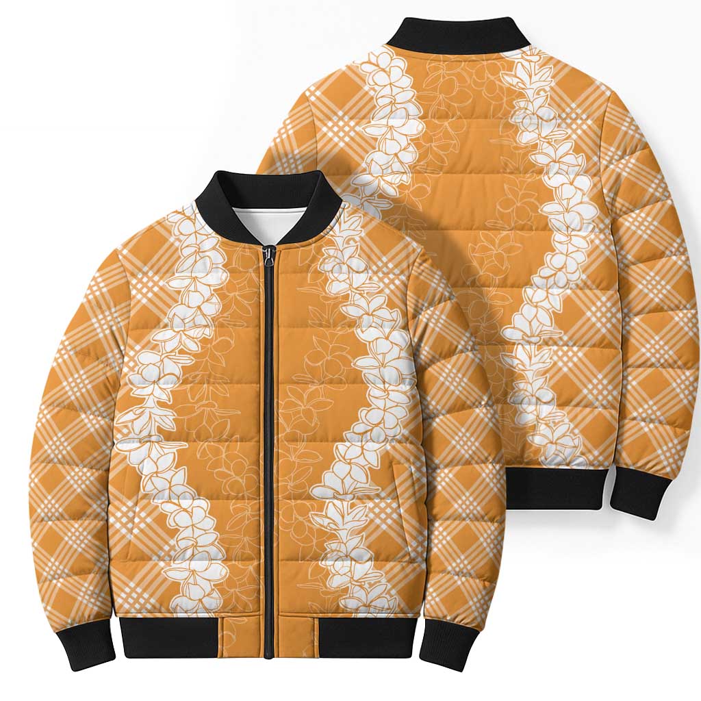Hawaii Aloha Plumeria Lei Orange Palaka Bomber Puffer Jacket - Polynesian Pride