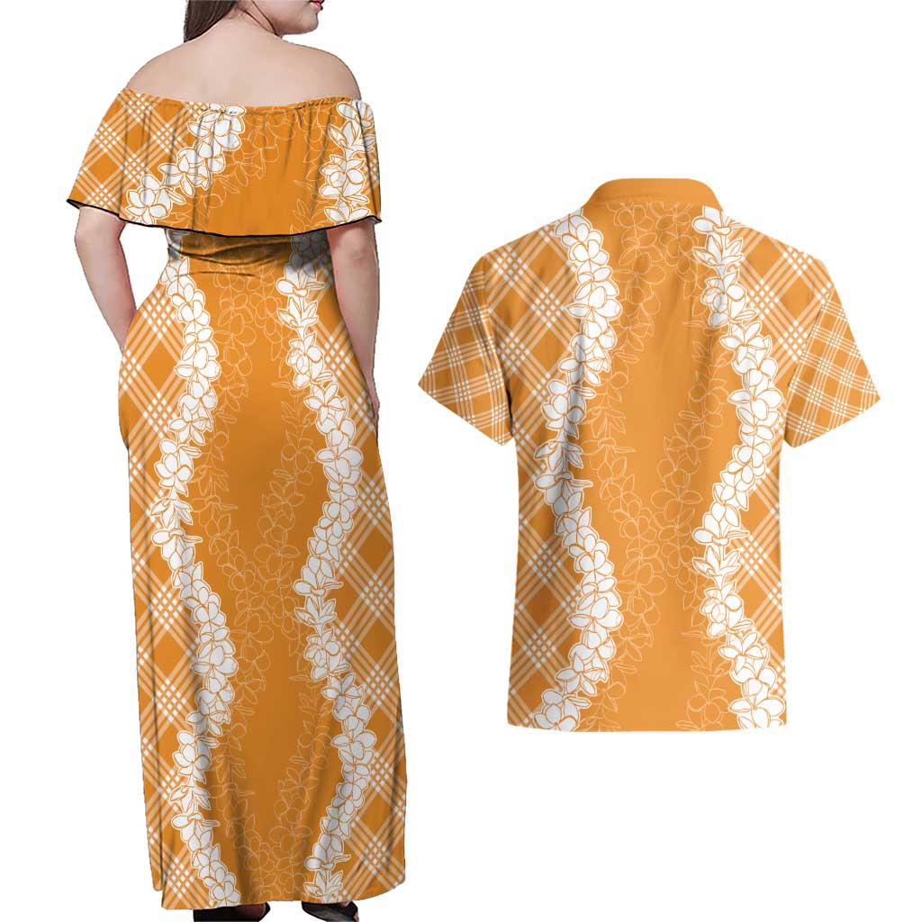 Hawaii Aloha Plumeria Lei Orange Palaka Couples Matching Off Shoulder Maxi Dress and Hawaiian Shirt - Polynesian Pride