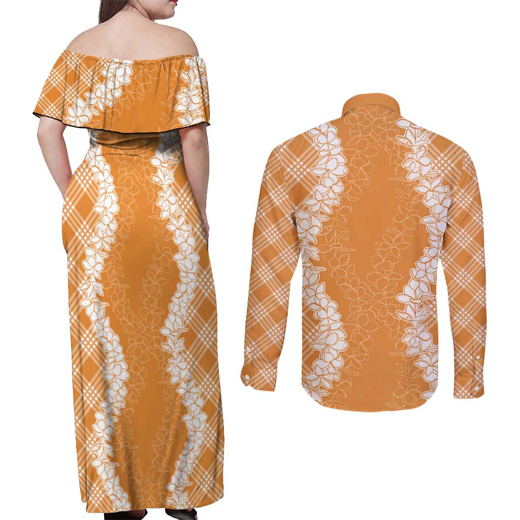 Hawaii Aloha Plumeria Lei Orange Palaka Couples Matching Off Shoulder Maxi Dress and Long Sleeve Button Shirt - Polynesian Pride