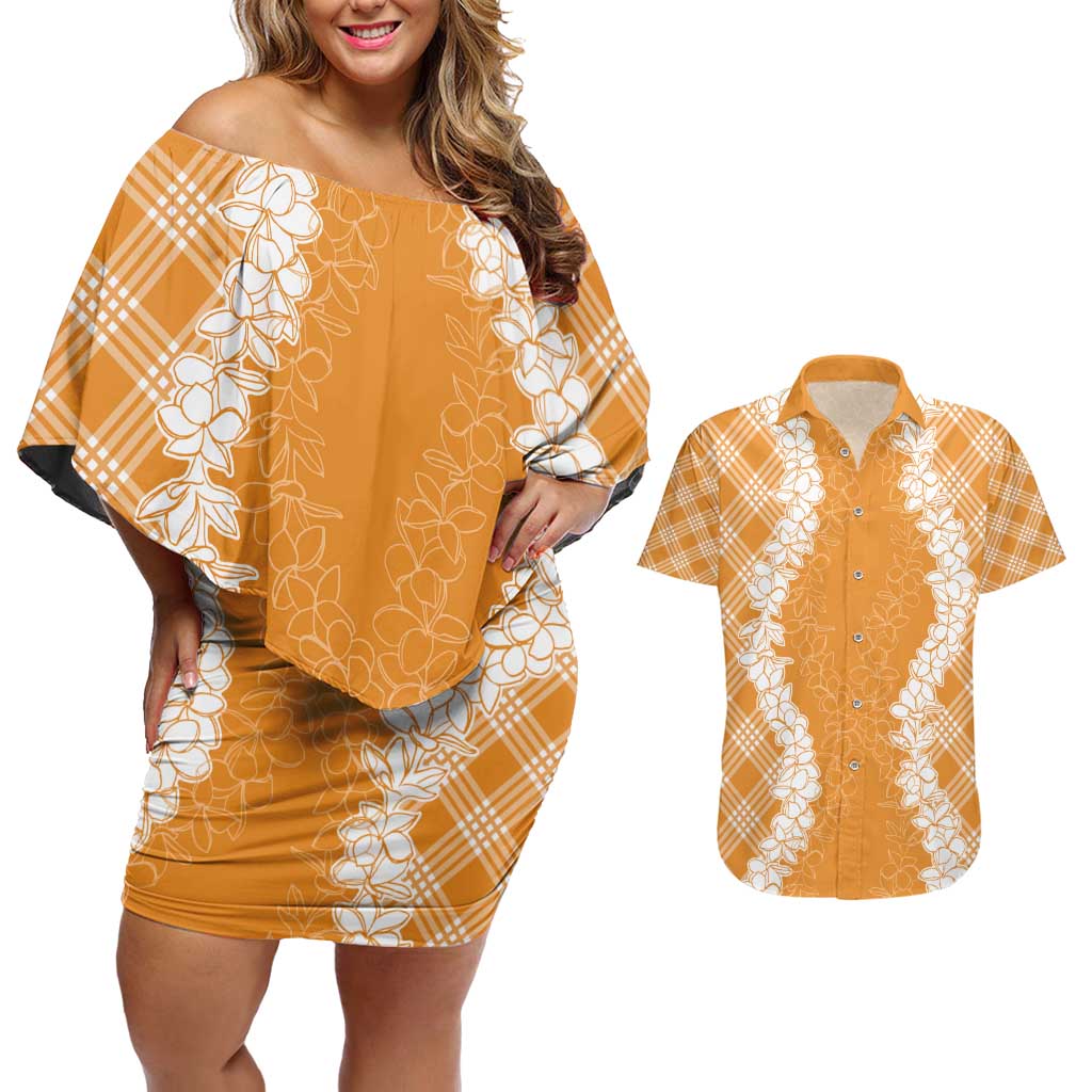 Hawaii Aloha Plumeria Lei Orange Palaka Couples Matching Off Shoulder Short Dress and Hawaiian Shirt - Polynesian Pride