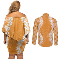 Hawaii Aloha Plumeria Lei Orange Palaka Couples Matching Off Shoulder Short Dress and Long Sleeve Button Shirt - Polynesian Pride