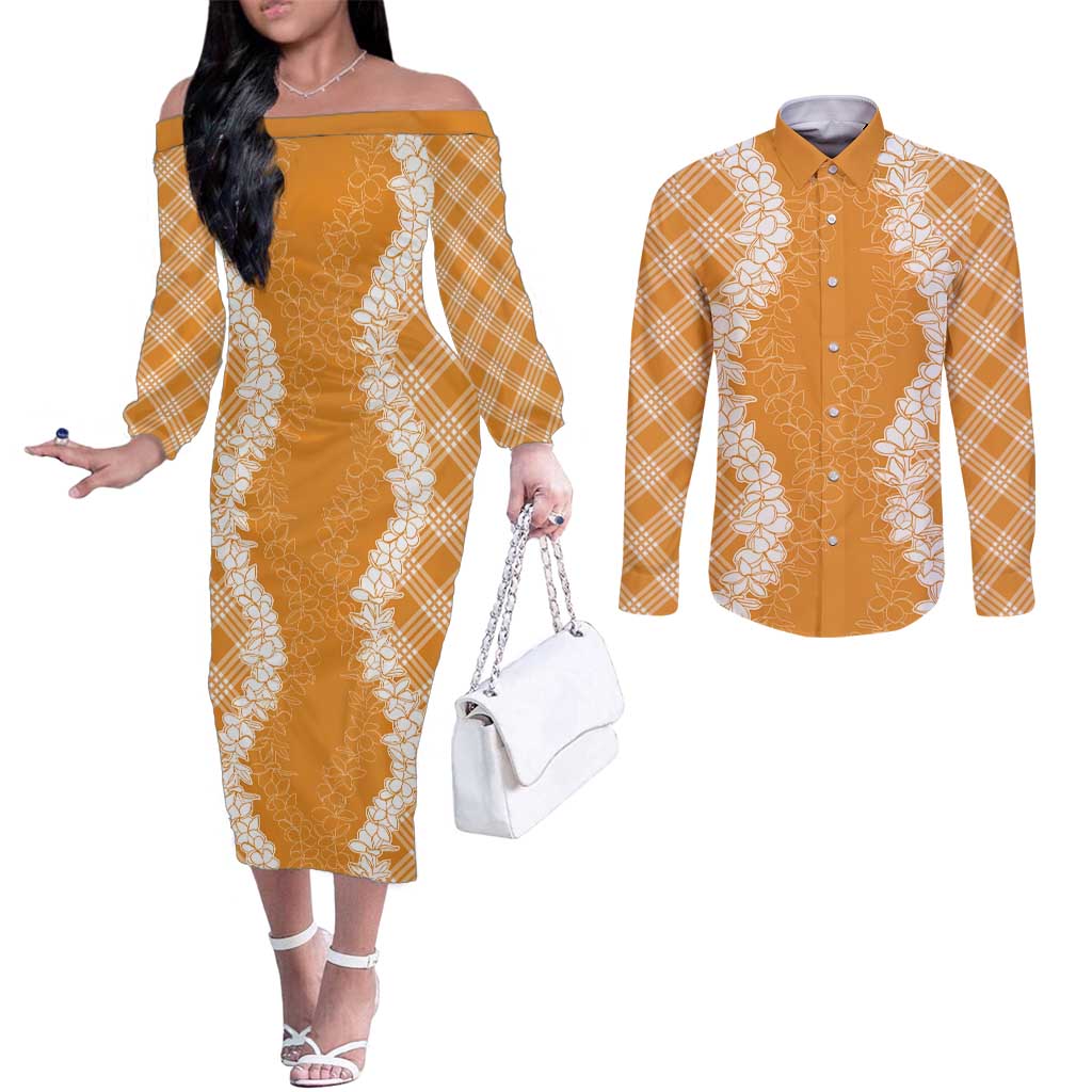 Hawaii Aloha Plumeria Lei Orange Palaka Couples Matching Off The Shoulder Long Sleeve Dress and Long Sleeve Button Shirt - Polynesian Pride