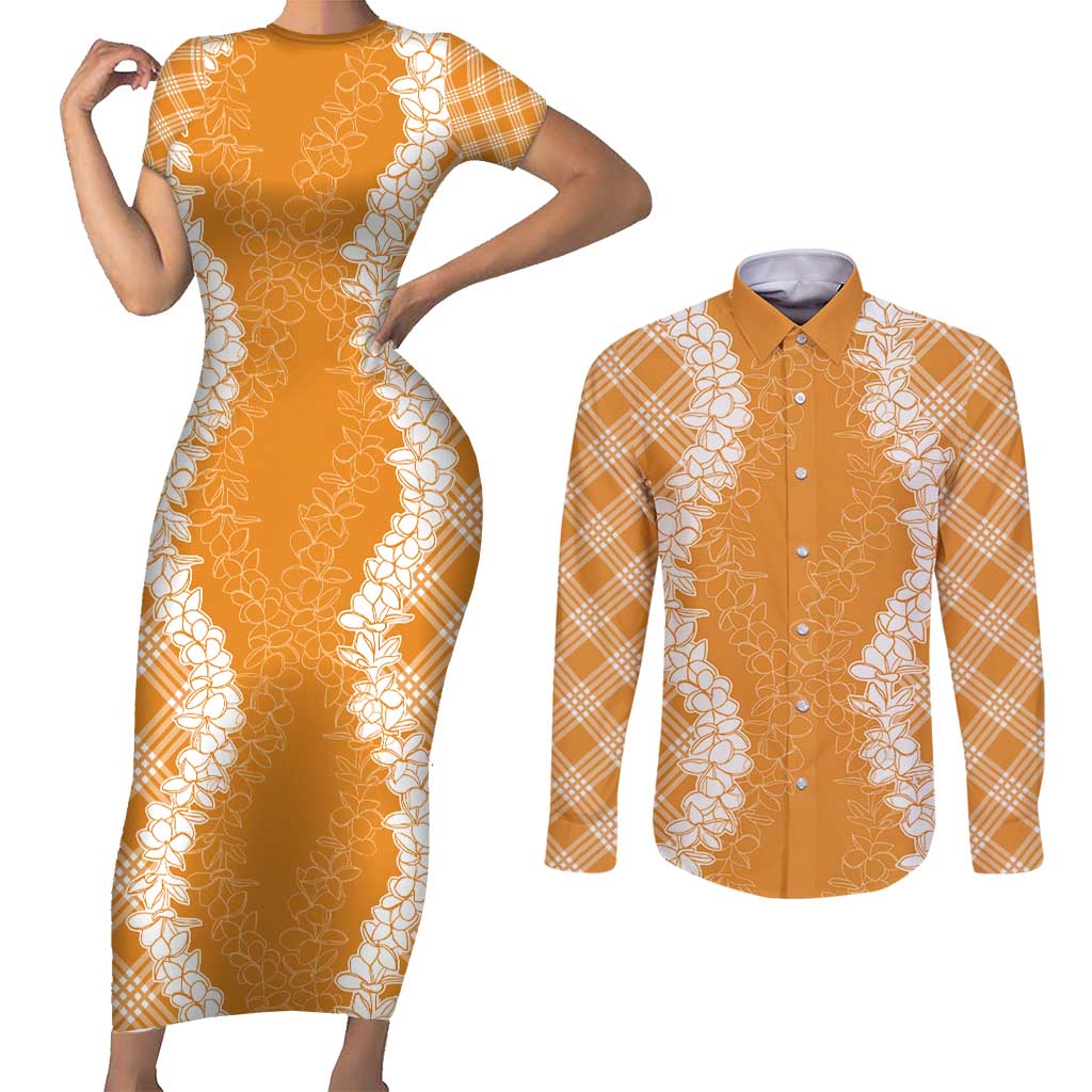 Hawaii Aloha Plumeria Lei Orange Palaka Couples Matching Short Sleeve Bodycon Dress and Long Sleeve Button Shirt - Polynesian Pride