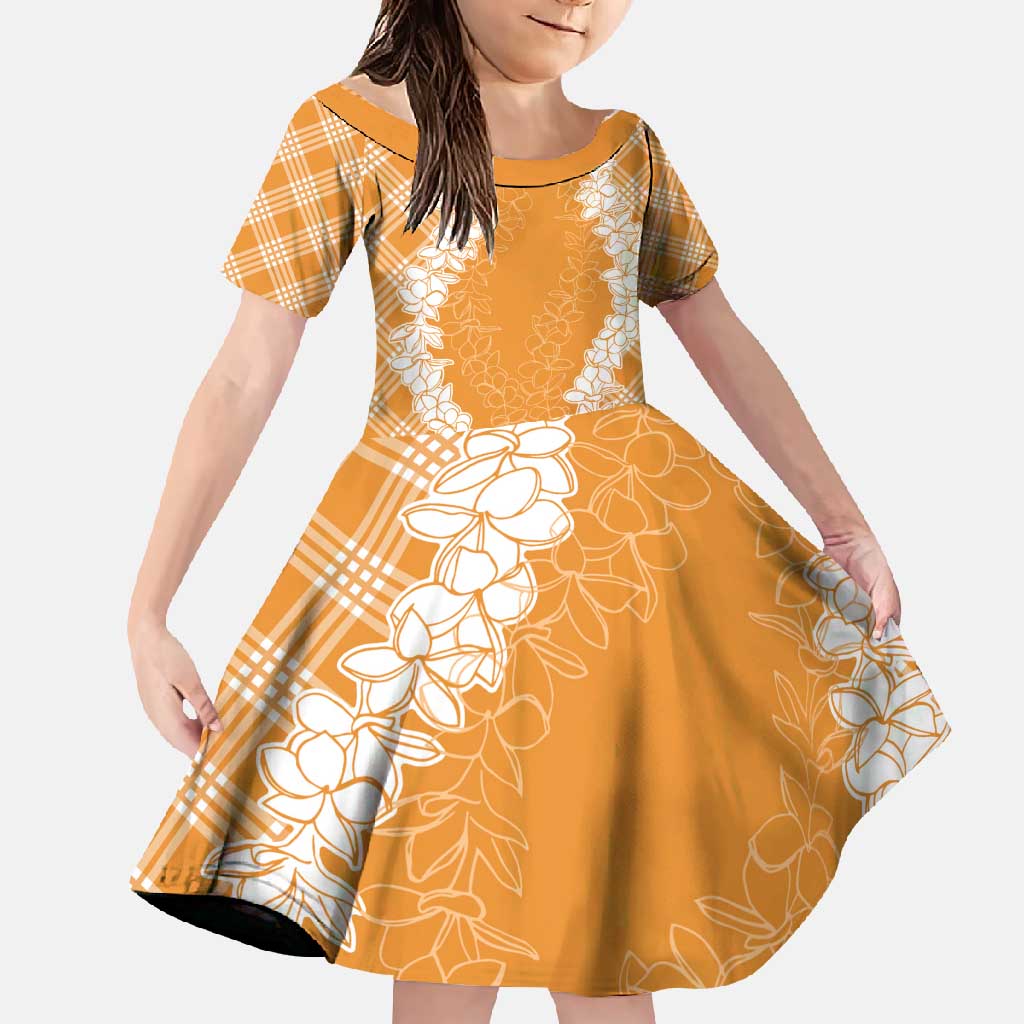 Hawaii Aloha Plumeria Lei Orange Palaka Family Matching Long Sleeve Bodycon Dress and Hawaiian Shirt - Polynesian Pride