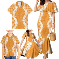 Hawaii Aloha Plumeria Lei Orange Palaka Family Matching Mermaid Dress and Hawaiian Shirt - Polynesian Pride