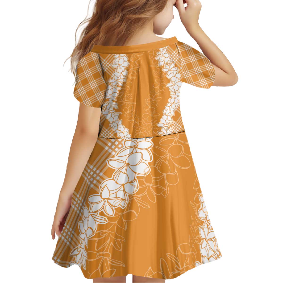 Hawaii Aloha Plumeria Lei Orange Palaka Family Matching Off The Shoulder Long Sleeve Dress and Hawaiian Shirt - Polynesian Pride