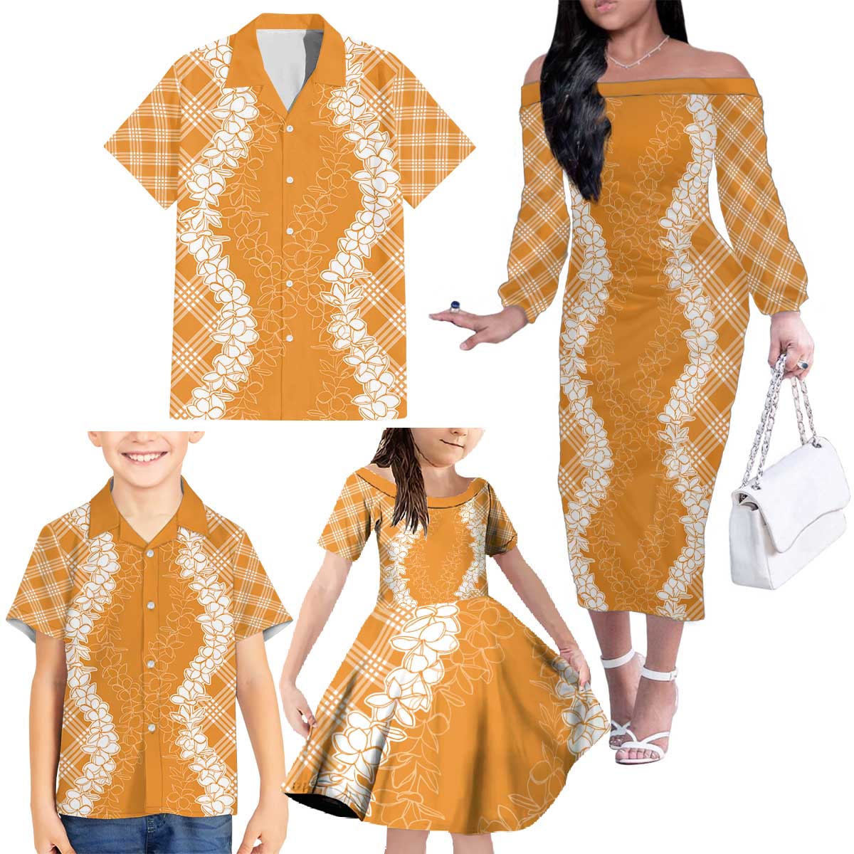 Hawaii Aloha Plumeria Lei Orange Palaka Family Matching Off The Shoulder Long Sleeve Dress and Hawaiian Shirt - Polynesian Pride
