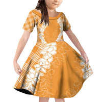 Hawaii Aloha Plumeria Lei Orange Palaka Family Matching Off Shoulder Short Dress and Hawaiian Shirt - Polynesian Pride