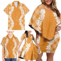 Hawaii Aloha Plumeria Lei Orange Palaka Family Matching Off Shoulder Short Dress and Hawaiian Shirt - Polynesian Pride