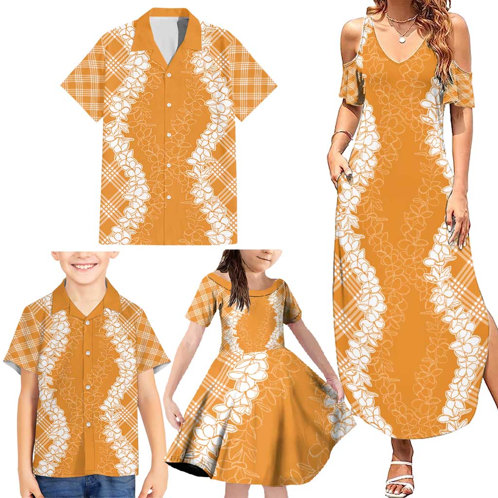 Hawaii Aloha Plumeria Lei Orange Palaka Family Matching Summer Maxi Dress and Hawaiian Shirt - Polynesian Pride